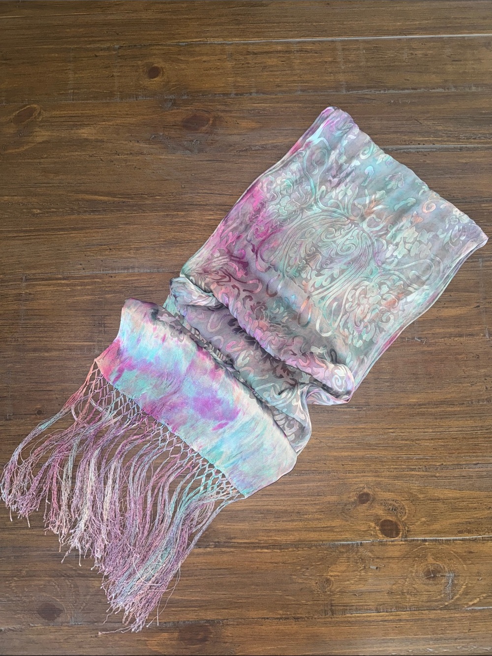 Burnout Tie Dye Fringe Scarf Pashmina Blue Pink Peach Paisley